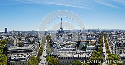 Aerial view of Paris and the Eiffel Tower from the Arch of Triomphe Editorial Stock Photo