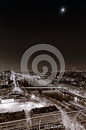 Aerial View of Paris in the Night. Black and White Stock Photo