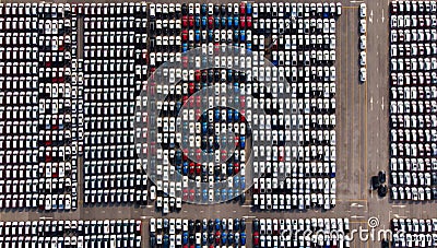 Aerial view of a parking lot new cars lined up in the port for i Stock Photo