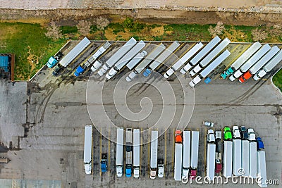 Aerial view of parking lot with trucks on transportation of truck rest area dock Stock Photo