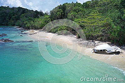 Aerial view part of destroyed boat on the beautiful tropical beach Stock Photo