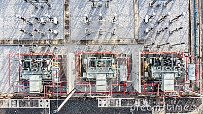 Aerial view part of electric station engineering construction on a electric power plant Stock Photo