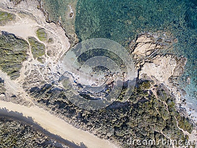 Aerial view of the path of customs officers, vegetation and Mediterranean bush, Corsica, France. Sentier du Douanier Stock Photo