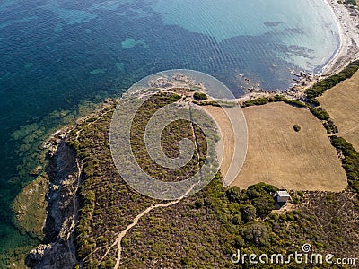 Aerial view of the path of customs officers, vegetation and Mediterranean bush, Corsica, France. Sentier du Douanier Stock Photo