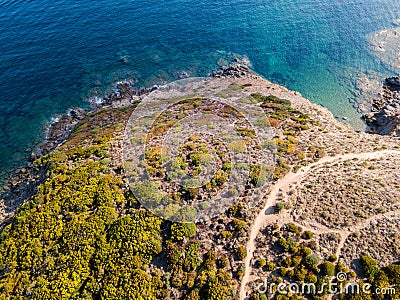 Aerial view of the path of customs officers, vegetation and Mediterranean bush, Corsica, France. Sentier du Douanier Stock Photo