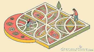 Aerial view of a patterned garden maze with small figures vector design Generative AI Vector Illustration