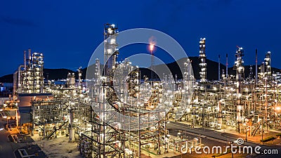 Aerial view petrochemical plant and oil refinery plant background at night, Petrochemical oil refinery factory plant at night Stock Photo