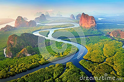 Aerial view of Phang Nga bay with mountains at sunrise in Thailand. Stock Photo
