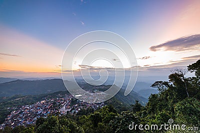 Aerial view of Phongsali, North Laos near China. Yunnan style town on scenic mountain ridge. Travel destination for tribal Stock Photo