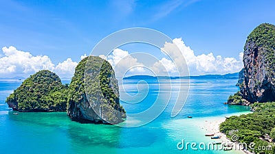 Aerial view Phra Nang Cave Beach with traditional long tail boat on Ao Phra Nang Beach, Railay Bay, Krabi, Thailand Stock Photo