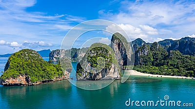 Aerial view Phra Nang Cave Beach with traditional long tail boat on Ao Phra Nang Beach, Railay Bay, Krabi, Thailand Stock Photo