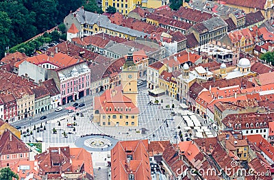 Aerial view of the Piata Sfatului square in Brasov Editorial Stock Photo