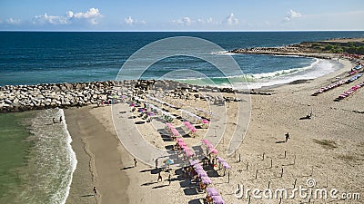 Aerial view picturesque public beach with turquoise water. Los Corales, La Guaira, Venezuela Stock Photo