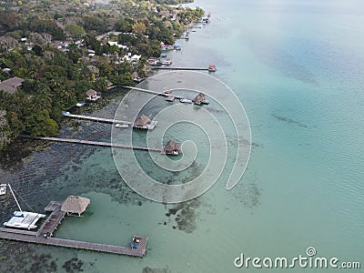 Aerial view of piers at the colorful Lagoon in Bacalar, Mexico Editorial Stock Photo