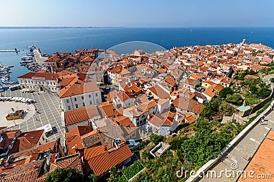 Aerial view of Piran town Editorial Stock Photo