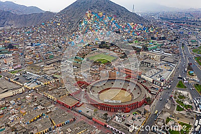 Aerial view of the Plaza de Toros de Acho, the largest bullring in the Peruvian capital Lima. Stock Photo