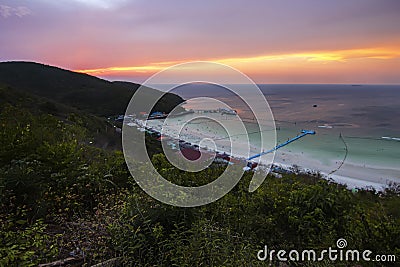 Aerial view point sea sand beach landmark with twilight sky sunset at koh larn travel island pattaya Thailand Stock Photo
