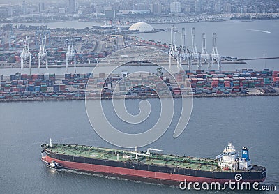 LOS ANGELES, USA, December 2017: Aerial view of Overseas Everest cargo ship in Port of LA in Long Beach, California Editorial Stock Photo