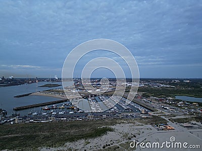 Aerial view of the port with moored boats. IJmuiden, Netherlands. Editorial Stock Photo