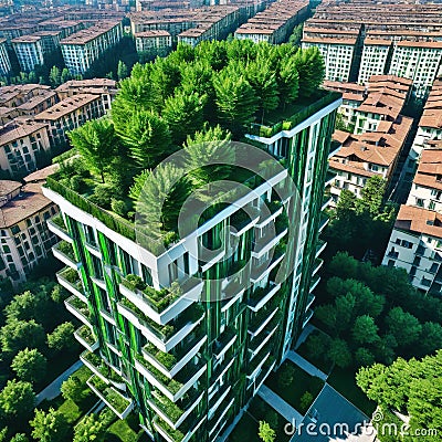 Aerial view of Porta Nuova neighborhood with the Bosco or Vertical residences with balconies adorned with several trees and Cartoon Illustration