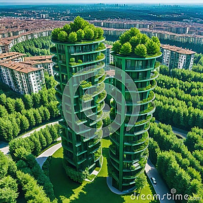 Aerial view of Porta Nuova neighborhood with the Bosco or Vertical residences with balconies adorned with several trees and Cartoon Illustration