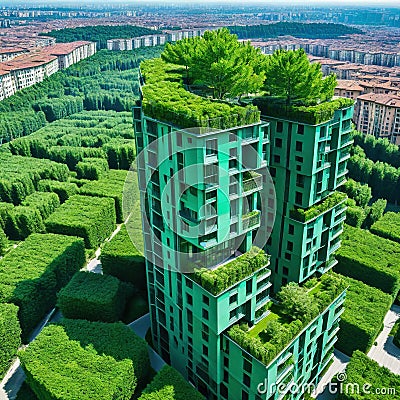 Aerial view of Porta Nuova neighborhood with the Bosco or Vertical residences with balconies adorned with several trees and Cartoon Illustration