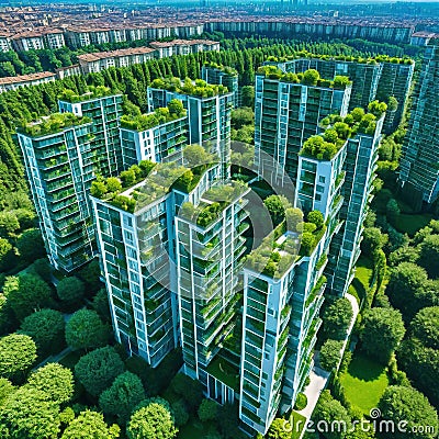 Aerial view of Porta Nuova neighborhood with the Bosco or Vertical residences with balconies adorned with several trees and Cartoon Illustration