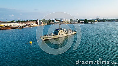 Aerial view of a Portuguese ship, named Zaire, sailing across the open ocean on a sunny day. Editorial Stock Photo