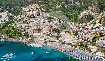 Aerial view of Positano Beach on a beautiful summer day Editorial Stock Photo