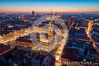 Aerial view on Poznan main square and old city at evening. Stock Photo