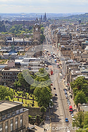 Aerial view of Princes street from The Nelson Monument Editorial Stock Photo
