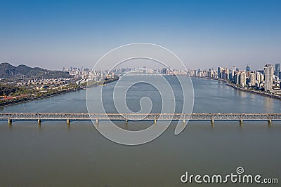 Aerial view of Qiantang River Bridge and modern city skyline in Hangzhou, China Stock Photo