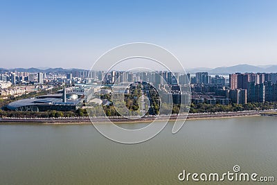 Aerial view of Qiantang River Bridge and modern city skyline in Hangzhou, China Editorial Stock Photo