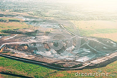 Aerial view of quarry landscape, industrial limestone mining excavators and other equipment Stock Photo