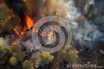 aerial view of raging wildfire, with firefighters in full gear battling the flames Stock Photo
