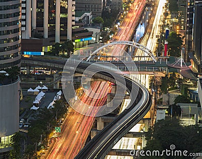 Aerial view of the rail road way sky train over Bangkok city Stock Photo