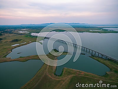 Aerial view of railway crossing pasak dam in lopburi central of Stock Photo
