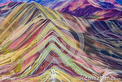 Aerial view of the Rainbow Mountains Montana de Siete Colores in Peru with Vinicunca in the center Stock Photo