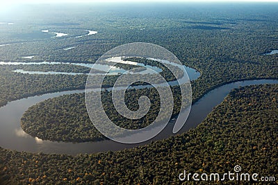 Aerial view of the rainforest and the Amazonas River Stock Photo