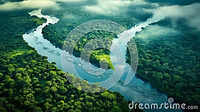 Aerial view of rainforest and confluence of two rivers Stock Photo