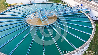 Aerial view recirculation solid contact clarifier sedimentation tank, Water treatment solution, Industrial water treatment Stock Photo