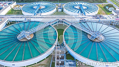 Aerial view recirculation solid contact clarifier sedimentation tank, Water treatment solution, Industrial water treatment Stock Photo