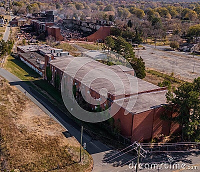 Aerial view of a red brick building situated in a vibrant urban environment in Graham, United States Editorial Stock Photo