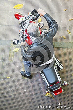 Aerial view red motorcycle rider Stock Photo