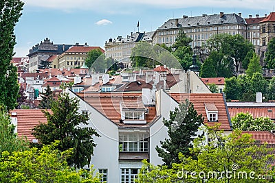 Aerial view of the red rooftops at the Lesser Town Mala Strana district in Prague, Czech Stock Photo