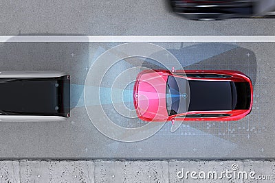 Aerial view of red SUV emergency braking to avoid car crash Stock Photo