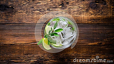 Aerial View Of Refreshing Gin And Tonic Cocktail On Wooden Table Stock Photo