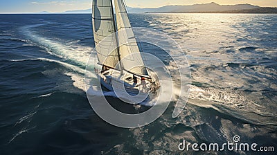 Aerial view of Regatta sailing ship yachts with white sails at open sea. Generative AI Stock Photo