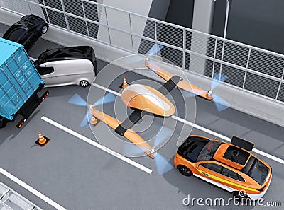 Aerial view of rescue drone flying from electric rescue SUV to recording car accident on highway Stock Photo