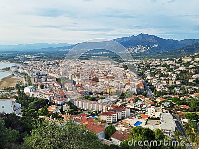 Aerial View of residential buildings, Hotels, Villas in resort town on a sea coast and mountains Stock Photo